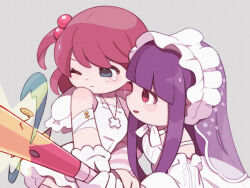 2girls bandaged_arm bandages baseball_bat blunt_bangs blush_stickers breasts cowboy_shot cross cross_necklace dot_nose dress gloves grey_background hair_ornament highres holding holding_baseball_bat jewelry long_hair medium_breasts medium_hair multiple_girls nail nail_(hardware) nail_bat neck_ribbon necklace one_eye_closed original purple_hair red_hair ribbon side_ponytail sidelocks simple_background sleeveless sleeveless_dress swept_bangs tearing_up veil white_dress white_gloves white_headdress white_ribbon white_veil yknsugar