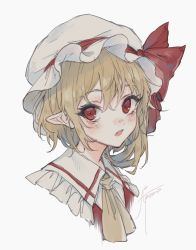 Rule 34 | 1girl, ascot, blonde hair, blush, cropped shoulders, fang, flandre scarlet, frilled shirt collar, frills, gensou aporo, grey background, hair between eyes, hat, hat ribbon, highres, looking at viewer, mob cap, open mouth, pointy ears, red eyes, red ribbon, ribbon, short hair, signature, simple background, solo, teeth, touhou, upper body, upper teeth only, white background, white hat, yellow ascot