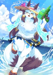 Rule 34 | 1girl, :3, animal ears, animal hands, animal nose, anklet, argyle, argyle bikini, argyle clothes, arms up, artist name, bikini, bikini skirt, bikini under clothes, blonde hair, blue bikini, blue shawl, blue sky, blush, breasts, brown hair, claws, cloud, daji (fullbokko heroes), dated, day, dutch angle, facial mark, female focus, finger on trigger, forehead mark, fox ears, fox girl, fox tail, full body, fullbokko heroes, furry, furry female, gold trim, hagoromo, half-closed eye, happy, highres, holding, holding water gun, jewelry, kame (3t), knees together feet apart, large breasts, leg up, legs, liquid clothes, long hair, looking at viewer, mountainous horizon, multicolored hair, multiple tails, no pants, ocean, one eye closed, open mouth, orange footwear, outdoors, pinky out, sandals, see-through, see-through shirt, shawl, shirt, short sleeves, sidelocks, signature, sky, smile, solo, sparkle, splashing, standing, standing on one leg, swimsuit, tail, thighs, two tails, water, water gun, waving, wet, wet clothes, wet shirt, whisker markings, white hair, white shirt, wink, yellow eyes