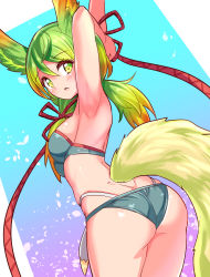 Rule 34 | 1girl, ass, bare shoulders, bikini, blonde hair, blush, breasts, butt crack, cougar (cougar1404), from behind, gradient hair, green eyes, green hair, head wings, highres, long hair, looking at viewer, medium breasts, multicolored hair, open mouth, shiny clothes, shiny skin, sideboob, solo, swimsuit, twintails, wedgie, wings