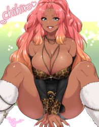 Rule 34 | 1girl, agawa ryou, artist name, bare shoulders, blue eyes, breasts, cleavage, collarbone, commentary, commission, cross, dark-skinned female, dark skin, english commentary, fingernails, gradient hair, green background, jewelry, large breasts, lips, long fingernails, long hair, long sleeves, looking at viewer, multicolored hair, nail polish, off-shoulder shirt, off shoulder, orange hair, original, parted bangs, parted lips, pink hair, pink nails, shirt, short shorts, shorts, simple background, sitting, smile, solo, thick thighs, thighs