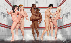 Rule 34 | 3boys, 3girls, abs, absurdres, aged down, anus, ass, barefoot, black hair, blonde hair, breasts, brown eyes, brown hair, christie monteiro, completely nude, covered erect nipples, dark-skinned male, dark skin, dreadlocks, eddy gordo, emilie de rochefort, erection, faucet, feet, forest law, from behind, goggles, goggles on head, groping, group sex, hair ornament, hand in own hair, hand on breast, hand on own ass, hand on shoulder, hand on thigh, hand on wall, hands on ass, hentaibro, highres, hwoarang, indoors, legs, ling xiaoyu, long hair, looking back, looking down, maxim, medium breasts, multicolored hair, multiple boys, multiple girls, muscular, nipples, nude, open mouth, orange eyes, orange hair, orgy, penis, ponytail, puffy nipples, pussy, sex, short hair, short twintails, shower (place), shower head, showering, sideboob, standing, standing sex, steam, stomach, suspended congress, tekken, testicles, thighs, tile floor, tile wall, tiles, toes, twintails, uncensored, vaginal, veins, veiny penis, wall, water, water drop, watermark, wet, wristband