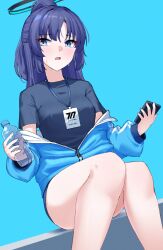 Rule 34 | 1girl, bare legs, black shirt, blue archive, blue background, blue eyes, blue jacket, blush, bottle, buruma, commentary request, convenient leg, dutch angle, feet out of frame, from below, gym uniform, hands up, holding, holding bottle, hot, jacket, knees together feet apart, long hair, long sleeves, looking at viewer, nichijo, open clothes, open jacket, open mouth, partially unzipped, ponytail, purple hair, red pupils, shirt, short sleeves, simple background, sitting, solo, sweat, tsurime, water bottle, yuuka (blue archive), yuuka (track) (blue archive)