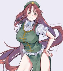 Rule 34 | 1girl, braid, breasts, closed mouth, collared shirt, cowboy shot, green eyes, green headwear, green vest, grey background, hat ornament, highres, hong meiling, kanaria (bocmn), large breasts, long hair, looking at viewer, parted bangs, red hair, shirt, short sleeves, side braids, simple background, smile, solo, star (symbol), star hat ornament, touhou, twin braids, very long hair, vest, white shirt