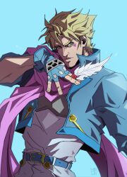 Rule 34 | 1boy, absurdres, battle tendency, blonde hair, blue background, blue jacket, caesar anthonio zeppeli, cropped jacket, darwh, facial mark, feathers, fingerless gloves, gloves, green eyes, unworn headwear, highres, holding, holding feather, jacket, jojo no kimyou na bouken, male focus, manly, pink scarf, scarf, solo