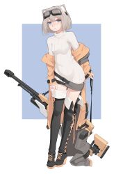 Rule 34 | 1girl, absurdres, belt, blonde hair, blue eyes, blush, bob cut, boots, borrowed character, breasts, coat, dress, goggles, goggles on head, gun, highres, looking at viewer, muzzle device, open clothes, original, ribbed sweater, rifle, short hair, simple background, small breasts, sniper rifle, sweater, sweater dress, thigh boots, turtleneck, turtleneck sweater, vectorek, weapon, white sweater, yellow coat