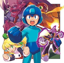 armor artist_request bass_(mega_man) blonde_hair blue_eyes capcom child dr._wily_(mega_man) facial_hair formal_clothes green_eyes grey_hair grey_mustache grin helmet lab_coat mega_man_(character) mega_man_(series) mettaur mustache ponytail proto_man red_eyes robot_boy roll_(mega_man) scarf smile suit sunglasses