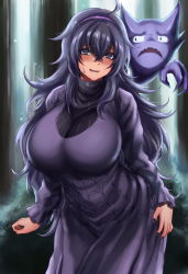 Rule 34 | 1girl, @ @, alternate breast size, bags under eyes, blush, breasts, commentary request, creatures (company), dress, game freak, gen 1 pokemon, hairband, haunter, hex maniac (pokemon), highres, hikari (komitiookami), huge breasts, long dress, long hair, looking at viewer, messy hair, muffin top, nail polish, nintendo, open mouth, outdoors, pokemon, pokemon (creature), pokemon xy, purple eyes, purple hair, purple hairband, revision, ribbed sweater, shiny skin, standing, stomach, sweater