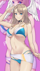 Rule 34 | 1girl, arm up, bare arms, bare shoulders, bikini, black choker, blue bikini, blue eyes, blush, breasts, brown hair, choker, commentary, cowboy shot, damobelmont, english commentary, eunie (xenoblade), head wings, highres, large breasts, long hair, looking at viewer, multi-strapped bikini, navel, purple background, simple background, smile, solo, standing, stomach, swimsuit, thighs, wings, xenoblade chronicles (series), xenoblade chronicles 3, zoom layer