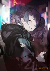 1girl ^_^ black_jacket black_nails blurry blurry_background chromatic_aberration city closed_eyes cross cross_earrings dated diagonal_bangs earrings facing_viewer film_grain highres hood hood_down hooded_jacket idolmaster idolmaster_shiny_colors jacket jewelry long_sleeves nail_polish night outdoors overexposure purple_hair short_twintails smile solo solo_focus tanaka_mamimi twintails upper_body zhili_xingzou