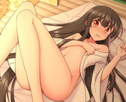 Rule 34 | 1girl, ass, bare shoulders, black hair, blush, bottomless, collarbone, commentary request, convenient leg, covering privates, covering breasts, feet out of frame, futon, hair between eyes, hand up, highres, houraisan kaguya, indoors, long hair, long sleeves, looking at viewer, lying, naked robe, navel, off shoulder, on back, open clothes, open mouth, open robe, pillow, red eyes, robe, shadow, sidelocks, solo, stomach, sweat, tatami, tears, teoi (good chaos), thighs, touhou, very long hair, white robe, wide sleeves