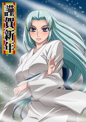 Rule 34 | 1girl, aqua hair, breasts, character request, cowboy shot, crossed arms, facing viewer, female focus, isse, japanese clothes, kimono, large breasts, long hair, looking at viewer, nose, parted lips, purple eyes, rance (series), sengoku rance, snow, snowing, solo, tsurime, yuki onna