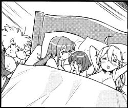 Rule 34 | 4girls, ahoge, bed, breasts, covering face, cropped, gambier bay (kancolle), implied yuri, iowa (kancolle), kantai collection, large breasts, long hair, messy hair, multiple girls, nonco, nose bubble, nude, ruined for marriage, saratoga (kancolle), sleeping, takanami (kancolle)