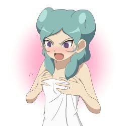 Rule 34 | 1girl, aqua hair, bad id, bad pixiv id, beta (inazuma eleven), blush, breasts, flat color, hands on own chest, highres, inazuma eleven (series), inazuma eleven go, inazuma eleven go chrono stone, long hair, naked towel, no pupils, open mouth, purple eyes, small breasts, solo, sweatdrop, to-ya musium, towel, upper body