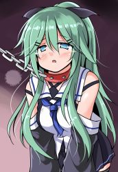 Rule 34 | 10s, 1girl, aqua hair, bare shoulders, between breasts, blue eyes, blue neckerchief, breasts, chain, collar, commentary request, detached sleeves, hair between eyes, hair ribbon, hairband, kantai collection, medium breasts, neckerchief, open mouth, ribbon, skirt, solo, tears, tsuzuri (tuzuri), yamakaze (kancolle)