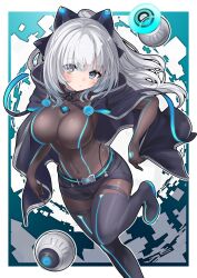 Rule 34 | 1girl, absurdres, black bodysuit, blue eyes, bodysuit, boots, breasts, doroame (ameyu), drone, grey hair, highres, large breasts, long hair, looking at viewer, original, solo, thigh boots, thighs
