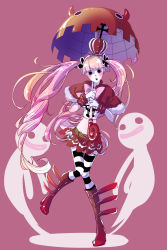Rule 34 | 1girl, belt, black legwear, black stripes, blunt bangs, blush, boots, capelet, crown, ghost, heart, high heel boots, high heels, highres, long hair, looking at viewer, midriff, one piece, parasol, patterned legwear, perona, pink hair, red footwear, red heels, shirataki (linkadoll), shoes, skirt, solo, standing, striped legwear, twintails, two-tone stripes, umbrella, very long hair, white legwear, white stripes