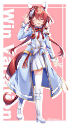 1girl alternate_costume boots breasts character_name commission hair_between_eyes hair_ornament highres horse_girl low_twintails open_mouth pink_background red_hair shinohara_shinome simple_background skeb_commission solo standing thighhighs twintails twitter_username umamusume waving win_variation_(umamusume)