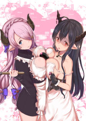 Rule 34 | 2girls, antenna hair, apron, black gloves, blue eyes, blush, bow, braid, breast press, breasts, cleavage, cleavage cutout, clothing cutout, collarbone, cream, cream on face, danua, draph, dress, fingerless gloves, food, food on face, gloves, granblue fantasy, hair between eyes, hair bow, hair over one eye, heart, heart cutout, highres, horn ornament, horns, jewelry, kaname (melaninusa09), large breasts, light purple hair, looking at viewer, low tied hair, multiple girls, narmaya (granblue fantasy), narmaya (valentine) (granblue fantasy), necklace, open mouth, pointy ears, purple hair, red eyes, ribbed sweater, shaded face, short hair, sideboob, star (symbol), strap slip, sweater, sweater dress, symmetrical docking, valentine, very short hair, waist apron, whisk, white dress