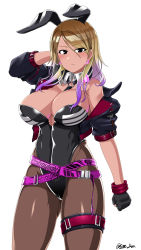 Rule 34 | 1girl, animal ears, arm behind head, belt, belt skirt, black eyes, black gloves, black jacket, black leotard, blonde hair, blush, breasts, brown pantyhose, buckle, cleavage, closed mouth, commentary request, covered navel, cowboy shot, cropped jacket, dark-skinned female, dark skin, detached collar, earrings, expressionless, fake animal ears, gloves, gradient hair, hair between eyes, highleg, highleg leotard, highres, idolmaster, idolmaster shiny colors, izumi mei, jacket, jewelry, large breasts, leotard, long hair, looking at viewer, multicolored hair, o-ring, off shoulder, open clothes, open jacket, pantyhose, parted bangs, partially fingerless gloves, pink belt, playboy bunny, purple hair, rabbit ears, saizu nitou gunsou, shiny clothes, short sleeves, sidelocks, signature, simple background, solo, standing, strapless, strapless leotard, thigh strap, twitter username, white background, wing collar