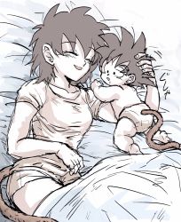 Rule 34 | 1boy, 1girl, baby, bed sheet, black hair, collarbone, commentary request, dragon ball, dragon ball minus, closed eyes, gine, hand on another&#039;s head, highres, lying, monkey tail, mother and son, on bed, saza (gogo77 bb), shirt, sketch, smile, son goku, tail