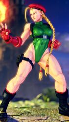 Rule 34 | 1girl, 3d, absurdres, antenna hair, bare shoulders, blonde hair, blue eyes, braid, breasts, cammy white, clenched hand, covered navel, curvy, fighting stance, full body, gloves, green leotard, groin, hat, highleg, highleg leotard, highres, leotard, lips, long hair, looking to the side, medium breasts, red gloves, red hat, ryona, screencap, shiny clothes, solo, street fighter, street fighter v, thighs, third-party edit, thong leotard, twin braids, very long hair, wide hips