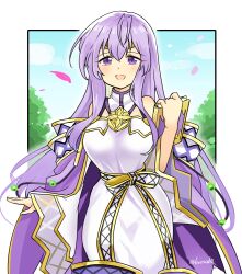 Rule 34 | 1girl, bare shoulders, book, breasts, circlet, dress, fire emblem, fire emblem: genealogy of the holy war, holding, holding book, julia (fire emblem), large breasts, long hair, looking at viewer, medium breasts, nintendo, open mouth, purple hair, solo, yukia (firstaid0)