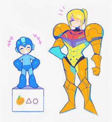 Rule 34 | 1boy, 1girl, blonde hair, blush, box, crossover, denaseey, closed eyes, hair over one eye, height difference, highres, mega man (character), mega man (classic), mega man (series), metroid, nintendo, open mouth, ponytail, samus aran, simple background, smile, standing, standing on object, super smash bros., white background