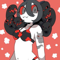 Rule 34 | 1girl, bikini, colored sclera, fangs, snake hair, grey eyes, highres, living hair, looking at viewer, navel, original, panapana, red background, red sclera, shadow, smile, snake hair, solo, swimsuit, tattoo, upper body