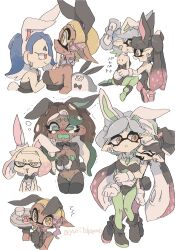 Rule 34 | 1boy, 6+girls, alternate costume, animal ears, artist name, big man (splatoon), black footwear, black hair, black leotard, blonde hair, blue hair, breasts, brown hair, callie (splatoon), closed eyes, closed mouth, colored shoe soles, colored tongue, cousins, crying, crying with eyes open, cup, detached collar, drinking glass, fake animal ears, fake tail, flat chest, frye (splatoon), gradient hair, green eyes, green hair, green pantyhose, green pasties, grey hair, highres, holding, holding plate, inkling, large breasts, leotard, male playboy bunny, manta ray, marie (splatoon), marina (splatoon), medium breasts, meme attire, multicolored hair, multiple girls, nintendo, octoling, open mouth, pantyhose, pearl (splatoon), pink hair, pink pantyhose, plate, playboy bunny, rabbit ears, rabbit tail, red eyes, reverse bunnysuit, reverse outfit, shiver (splatoon), shrug (clothing), simple background, splatoon (series), strapless, strapless leotard, tail, tears, tentacle hair, white background, white leotard, wine glass, wrist cuffs, yellow eyes, yuritokemo