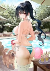 Rule 34 | 1girl, absurdres, ass, back, ball, beach chair, beach umbrella, beachball, bikini, black hair, blunt bangs, breasts, commentary request, day, dog, drinking straw, ear piercing, food, food in mouth, fruit, glass, green bikini, hair ornament, hairclip, highres, lemon, lemon slice, long hair, looking at viewer, looking back, medium breasts, mint, original, outdoors, piercing, pocky, ponytail, pool, poolside, red eyes, scrunchie, shoulder blades, side-tie bikini bottom, sideboob, sidelocks, sky, solo, standing, striped bikini, striped clothes, swimsuit, table, thighhighs, thighs, tree, umbrella, white thighhighs, wrist scrunchie, zyousha333