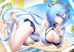 Rule 34 | 1girl, aged up, bare shoulders, beach, beach umbrella, bikini, blue hair, blue sky, blush, breasts, casual one-piece swimsuit, character name, cleavage, closed mouth, clothing cutout, commentary, covered navel, day, feet, frilled one-piece swimsuit, frills, full body, gloves, griseo, griseo (cosmic expression), hair ornament, half gloves, halo, highres, honkai (series), honkai impact 3rd, large breasts, legs, long hair, looking at viewer, lying, no shoes, ocean, on stomach, one-piece swimsuit, outdoors, palm tree, purple eyes, sand, signature, single thighhigh, sky, smile, soles, solo, stirrup legwear, swimsuit, thigh strap, thighhighs, thighs, toeless legwear, toes, tree, umbrella, very long hair, white gloves, white one-piece swimsuit, white thighhighs, xfate