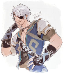 Rule 34 | 1boy, belt, cropped torso, dated, eyepatch, fingerless gloves, gloves, hand on own face, jacket, multiple belts, open clothes, open jacket, short hair, solo, uyumizyunco, xenoblade chronicles (series), xenoblade chronicles 2, zeke von genbu (xenoblade)
