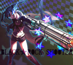 Rule 34 | 10s, arm cannon, bad id, bad pixiv id, batako, black hair, black rock shooter, black rock shooter (character), blue eyes, gun, midriff, navel, solo, twintails, vocaloid, weapon