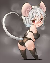 Rule 34 | 1girl, animal ear fluff, animal ears, ass, black bra, black gloves, black panties, black thighhighs, blush, bra, breasts, chibi, commentary request, elbow gloves, from behind, full body, gloves, grey background, grey hair, hand on own chest, highres, looking back, mouse ears, mouse girl, mouse tail, nazrin, open mouth, panties, red eyes, short hair, simple background, small breasts, solo, steam, sweat, tail, thighhighs, thighs, touhou, underwear, underwear only, yudepii