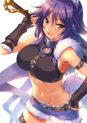 Rule 34 | 1girl, animal ear fluff, animal ears, arm belt, arm strap, bare shoulders, belt, black shirt, blue shorts, blush, breasts, chain, collar, crop top, cutoffs, detached sleeves, fur-trimmed shorts, fur trim, gia kon, hand on own hip, large breasts, looking at viewer, makoto (princess connect!), medium hair, metal collar, midriff, open mouth, princess connect!, purple hair, purple shorts, shirt, short shorts, shorts, sidelocks, simple background, smile, solo, sword, tail, thighs, weapon, white background, wolf ears, wolf girl, wolf tail, yellow eyes