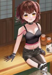 Rule 34 | 1girl, alternate costume, black shorts, blush, brown hair, collar, commentary request, crop top, cup, drink, drinking glass, gradient hair, hair ornament, hairclip, hololive, ice, ice cube, kayari buta, looking at viewer, mechanical hands, mechanical legs, midriff, multicolored hair, navel, pink hair, pink tank top, roboco-san, roboco-san (workoutwear), short hair, short shorts, shorts, shouji, sitting, sliding doors, solo, tank top, tatsu (tattti2022), tray, two side up, virtual youtuber, yellow eyes