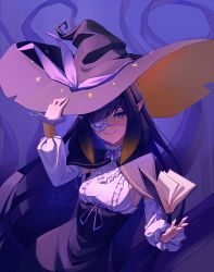 Rule 34 | 1girl, black hair, black hat, black skirt, blue eyes, blush, book, breasts, cape, center frills, closed mouth, detached sleeves, diagonal bangs, eyepatch, floating, floating book, floating object, frilled shirt, frills, gradient hair, halter shirt, halterneck, hand on headwear, hat, high-waist skirt, highres, hololive, hololive english, long hair, long skirt, long sleeves, multicolored hair, ninomae ina&#039;nis, orange hair, peaceablecolt, pointy ears, puffy detached sleeves, puffy sleeves, shirt, sidelocks, skirt, small breasts, smile, solo, tentacle hair, very long hair, virtual youtuber, witch hat