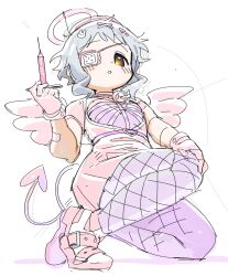 Rule 34 | 1girl, angel wings, blush, commentary, demon tail, dress, eyepatch, fishnet pantyhose, fishnets, flat chest, flower, frilled eyepatch, from below, gloves, grey hair, hair ornament, hairband, hairclip, halo, highres, holding, holding syringe, idolmaster, idolmaster million live!, looking at viewer, makabe mizuki, nurse, on one knee, pantyhose, parted lips, pink dress, pink flower, pink gloves, pink hairband, purple pantyhose, rabbit hair ornament, short hair, short sleeves, sidelocks, solo, spawnfoxy, syringe, tail, wavy hair, white background, wings, yellow eyes