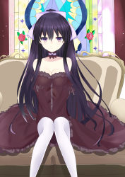 Rule 34 | 1girl, absurdres, blank stare, bow, breasts, choker, cleavage, date a live, dress, highres, long hair, looking at viewer, medium breasts, pantyhose, purple eyes, purple hair, sitting, solo, yatogami tooka