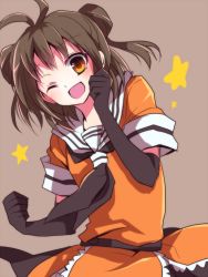 Rule 34 | 10s, 1girl, ;d, antenna hair, bad id, bad pixiv id, brown hair, double bun, elbow gloves, gloves, kantai collection, looking at viewer, naka (kancolle), one eye closed, open mouth, orange eyes, sakura (lilak a), short hair, smile, solo, star (symbol), wink