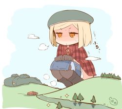 Rule 34 | 1girl, blonde hair, blush, fate/grand order, fate (series), flannel, frown, giant, giantess, hanomido, hat, house, pantyhose, paul bunyan (fate), paul bunyan (second ascension) (fate), peeing, sigh, solo, squatting, sweat, tree, v-shaped eyebrows