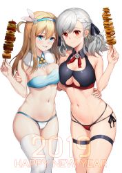 Rule 34 | 2019, 2girls, :d, arm around shoulder, arm around waist, asymmetrical docking, bandeau, bare arms, bare shoulders, bikini, black bikini, black ribbon, blonde hair, blue bikini, blue eyes, blue hairband, braid, breast press, breasts, cleavage, closed mouth, clothing cutout, commentary request, cowboy shot, detached collar, ear piercing, food, french braid, fur collar, girls&#039; frontline, greem bang, groin, hair between eyes, hair ornament, hair ribbon, hairband, hand up, happy new year, highres, holding, holding food, kebab, korean commentary, large breasts, linked piercing, long hair, looking at viewer, meat, medium breasts, mismatched bikini, multi-strapped bikini, multiple girls, navel, new year, one side up, open mouth, piercing, red eyes, ribbon, side-tie bikini bottom, silver hair, simple background, smile, snowflake hair ornament, spas-12 (girls&#039; frontline), stomach, strapless, strapless bikini, suomi (girls&#039; frontline), sweat, swimsuit, teeth, thigh strap, thighhighs, underboob cutout, upper teeth only, white background, white bikini, white legwear
