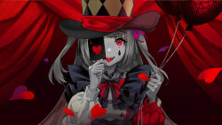 Rule 34 | 1girl, ace (playing card), ace of hearts, argyle, argyle clothes, argyle hat, asymmetrical sleeves, balloon, black ribbon, bow, bowtie, card, clown, colored skin, covering one eye, envy baby (vocaloid), grey skin, hands up, hat, heart, heart in eye, highres, hina misora, holding, holding balloon, holding card, long hair, long sleeves, looking at viewer, mismatched sleeves, neck ruff, playing card, puffy long sleeves, puffy sleeves, red bow, red curtains, red eyes, ribbon, ru roiroiro, sidelocks, solo, stage, stage curtains, symbol in eye, teardrop facial mark, teeth, tongue, tongue out, top hat, two side up, upper teeth only, virtual youtuber, vocaloid, wactor production