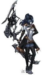 Rule 34 | 1girl, armor, au ra, bard (final fantasy), black hair, black skin, black thighhighs, boots, bow (weapon), colored skin, commission, dragon horns, dragon tail, elbow gloves, final fantasy, final fantasy xiv, full body, gloves, grey eyes, highres, holding, holding weapon, horns, leirix, long hair, looking at viewer, ponytail, scales, shoulder armor, showgirl skirt, smile, solo, standing, tail, thighhighs, weapon, white background