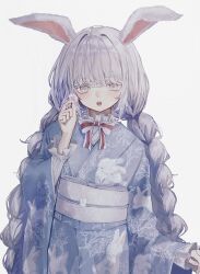 Rule 34 | 1girl, :o, animal ears, animal print, blue kimono, bow, bowtie, braid, flower, frilled sleeves, frills, highres, holding, holding flower, japanese clothes, kimono, long hair, long sleeves, looking at viewer, obi, open mouth, original, rabbit ears, rabbit print, sash, shou (mori boro), simple background, solo, straight-on, teeth, tree print, twintails, upper body, upper teeth only, white background, white eyes, white hair