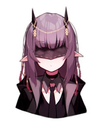 Rule 34 | 1girl, absurdres, arknights, beudelb, blush, braid, demon horns, ears down, eye mask, highres, horn ornament, horns, jacket, lava (arknights), lava the purgatory (arknights), long hair, necktie, official alternate costume, open clothes, open jacket, pointy ears, purple hair, simple background, solo, upper body, white background