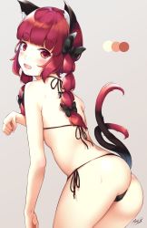 Rule 34 | 1girl, :d, animal ears, ass, bad id, bad pixiv id, bare shoulders, bikini, black bikini, black bow, blush, bow, braid, cat ears, cat tail, commentary request, cowboy shot, fang, from behind, hair bow, highres, kaenbyou rin, long hair, looking at viewer, looking back, maremay0513, multiple tails, open mouth, paw pose, red eyes, red hair, smile, solo, string bikini, swimsuit, tail, touhou, twin braids, twintails, two tails