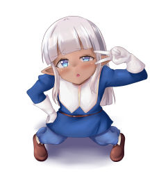Rule 34 | 1girl, blue dress, blue eyes, blue pants, blunt bangs, dress, female focus, from above, full body, gloves, hand on own hip, karla (kono healer mendokusai), kono healer mendokusai, long hair, long sleeves, looking at viewer, pants, pointy ears, shoes, silver hair, simple background, solo, standing, unholysoul, v, white background, white gloves