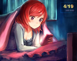 Rule 34 | 10s, 1girl, bed sheet, breasts, cellphone, cleavage, curtains, dated, highres, long sleeves, love live!, love live! school idol festival, love live! school idol project, lying, medium breasts, nishikino maki, nunna, on bed, phone, pillow, purple eyes, red hair, short hair, smartphone, solo, staring, window